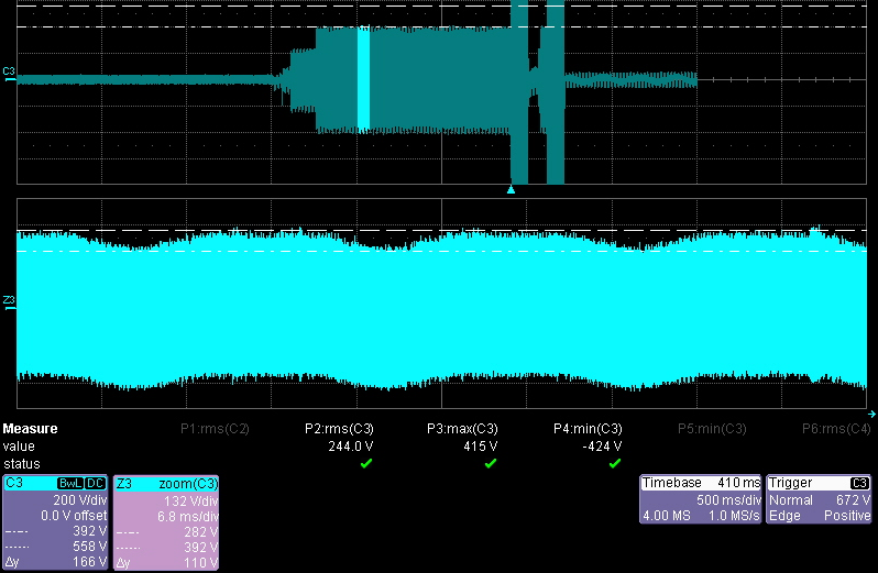 示波器的地和变压器器副边连接的测量结果，有低频100Hz扰动